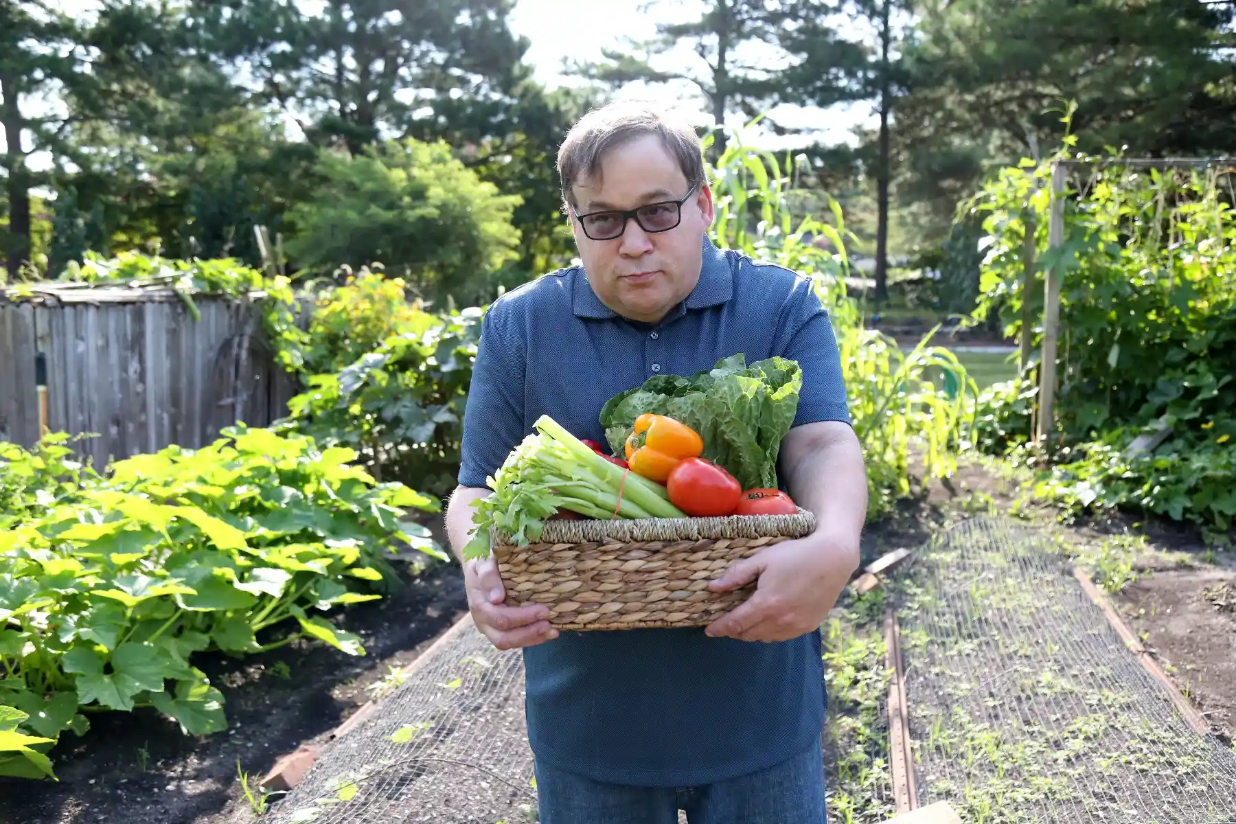 A man wearing glasses and a blue polo shirt holding a basket of vegetables